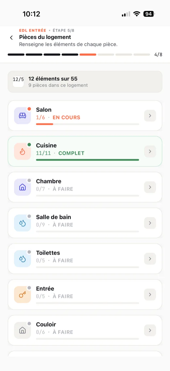 Écran état des lieux d'une pièce dans MoveSafe