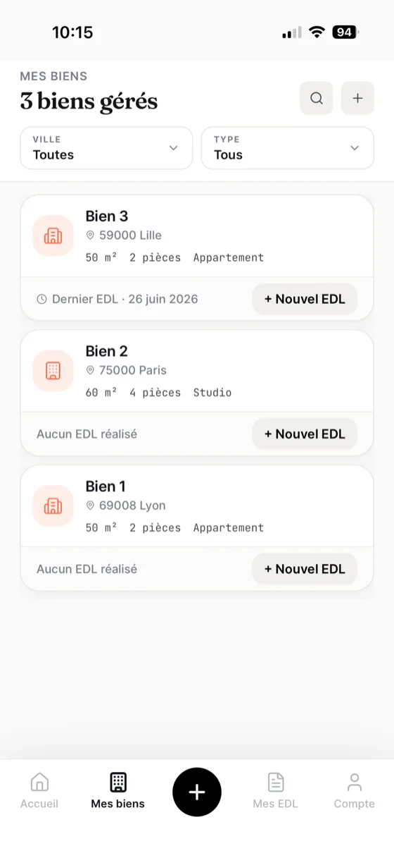 Écran « Mes biens » de MoveSafe : parc locatif d'une agence