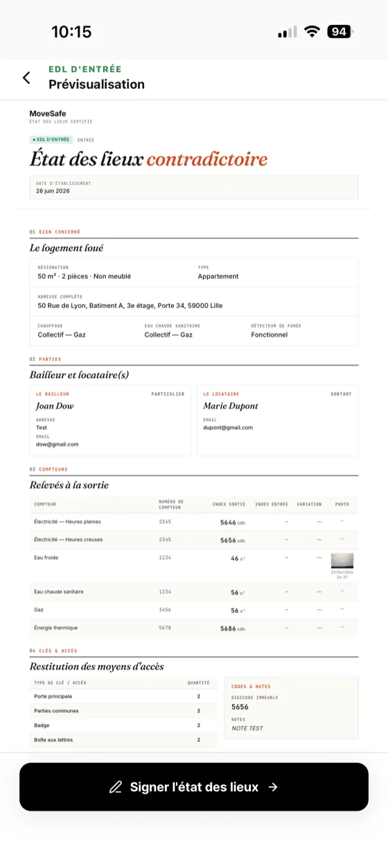 Prévisualisation du PDF d'état des lieux dans MoveSafe, avant signature