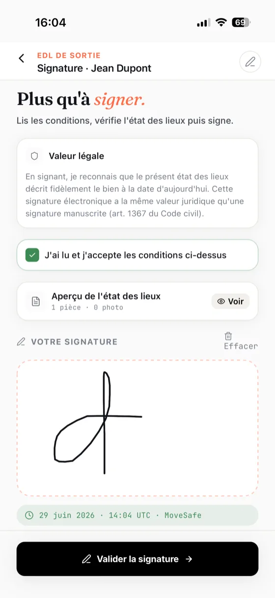 Écran de signature électronique horodatée dans MoveSafe