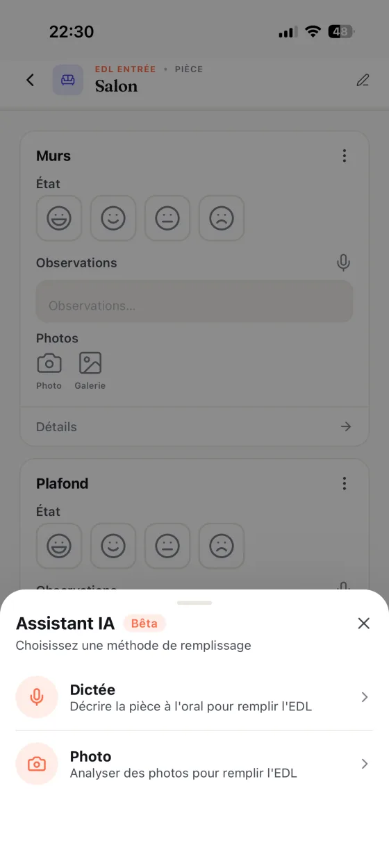 Menu de saisie assistée dans MoveSafe : remplir la pièce par dictée ou par analyse de photos