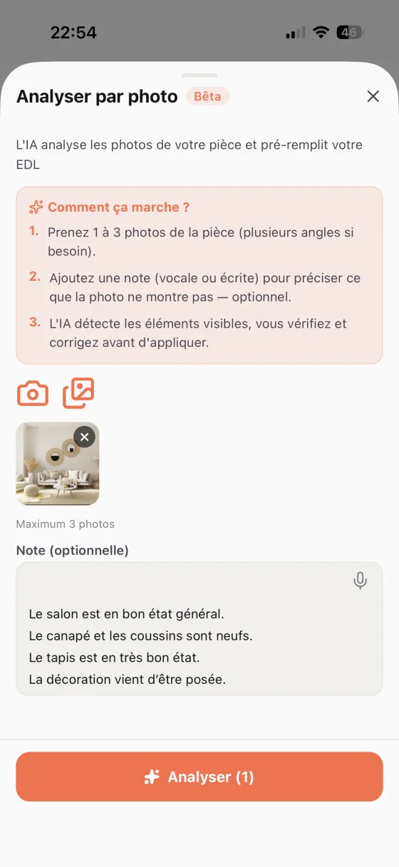Écran MoveSafe « Analyser par photo » : photos de la pièce et note optionnelle avant analyse