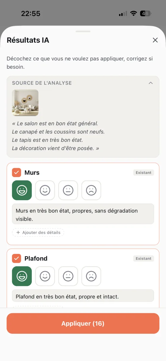 Écran de relecture MoveSafe : chaque proposition est cochable et modifiable avant d'être appliquée à l'état des lieux