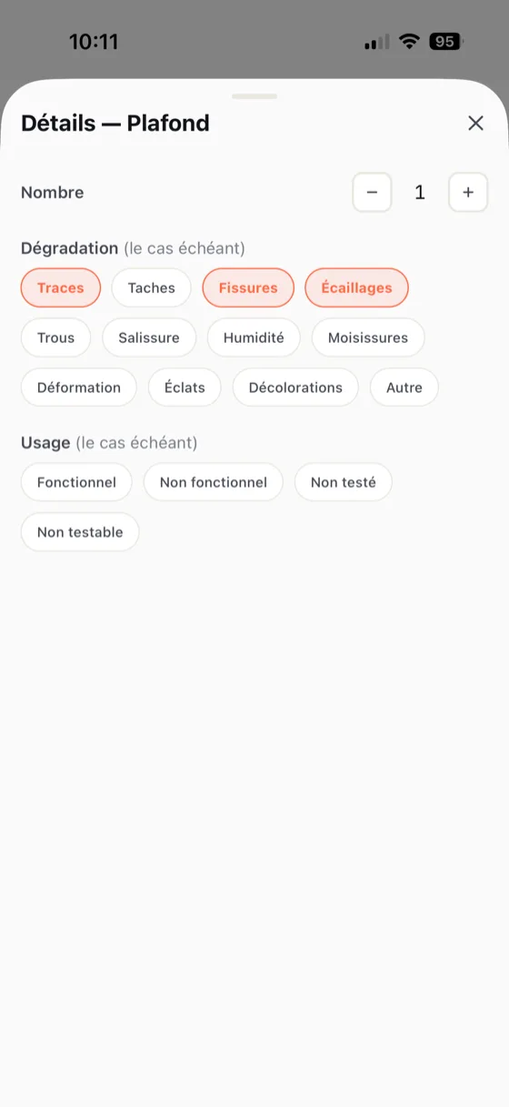 Détail d'un élément dans MoveSafe : nombre, dégradations et état de fonctionnement