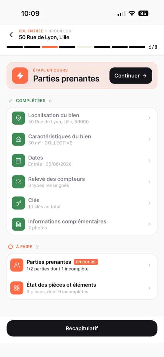 Capture de l'application MoveSafe montrant les étapes d'un état des lieux d'entrée